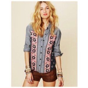 Free People Chambray Bandana Inset Buttondown Top